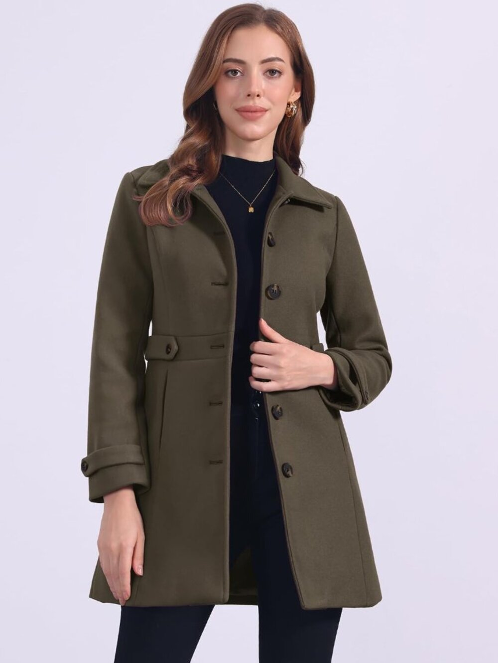 Women's Coffee 100% Polyester Single Breasted Fully Lined Mid-Length Pea Coat - Picture 2 of 5